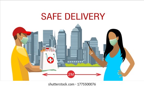 Contactless delivery concept illustration. Vector with courier and woman, in protective masks and bag with medicines on safe distance. Protect to covid-19 or coronavirus