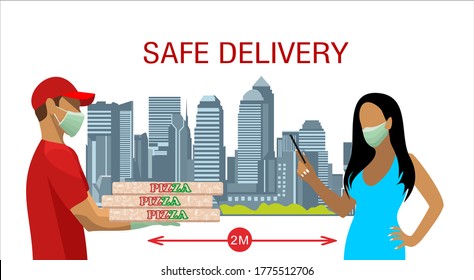 Contactless delivery concept illustration. Vector scene with courier and woman in protective masks and pizza box  with safe distance to protect form covid-19 or coronavirus