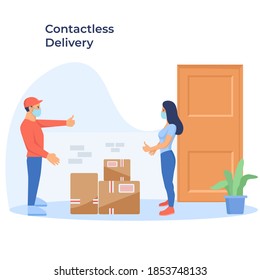 Contactless delivery concept illustration. Vector scene with courier delivering box and woman in protective masks with safe distance to protect form covid-19 or coronavirus