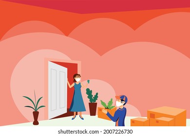 Contactless delivery concept illustration. Vector scene with courier and woman in protective masks with safe distance to protect form covid-19 or coronavirus