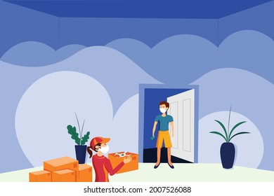 Contactless delivery concept illustration. Vector scene with courier and woman in protective masks with safe distance to protect form covid-19 or coronavirus