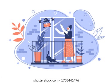 Contactless delivery concept illustration. Woman on the balcony of the apartment receives a parcel quadcopter. The use of modern technology in courier delivery. Vector