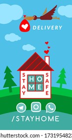 Contactless delivery concept image of stork maling goods to your home by air. Vector illustration for your business.