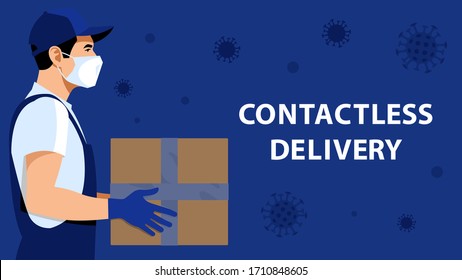 Contactless delivery concept. Delivery man or courier in white medical mask and gloves  keeping a box. Safe delivery of parcels, purchases, goods.