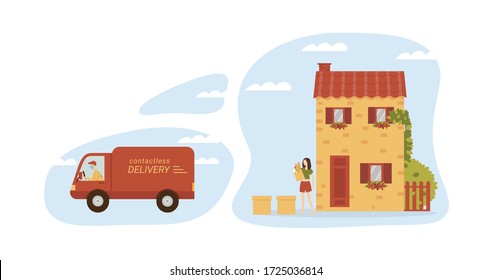 Contactless delivery concept. Safe shipping. Girl receiving order parcel or groceries during quarantine. Delivery man in medical mask driving away. Flat cartoon vector illustration.
