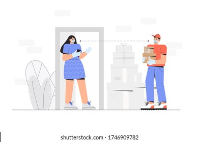 Contactless delivery concept, scene with courier man and a woman in protective, medical masks and safe distance. Flat style vector illustration for web banner.