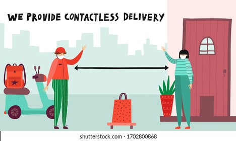 Contactless delivery concept. Two people in protective masks standing in safe distance of each other. Courier leaves delivery at doorstep of woman's house.Hand drawn vector illustration.
