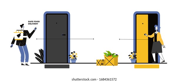 Contactless delivery concept vector illustration. Scene with courier and woman in protective masks and food bag with safe distance to protect form covid-19 or coronavirus