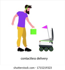 Contactless delivery concept Vector illustration. smart Robot courier delivers, brings parcels to home.  modern technology in courier delivery. 