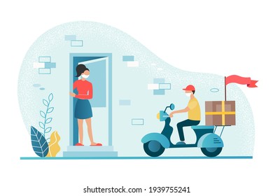 Contactless delivery concept. A woman at the door of her house awaits a parcel delivered by a courier on a scooter. Concept vector illustration.