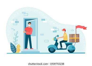 Contactless delivery concept. Young man at the door of his house awaits a parcel delivered by a courier on a scooter. Concept vector illustration.