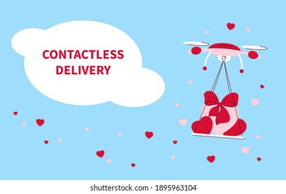 Contactless delivery of congratulations by air using drones. Concept for design and advertising. Vector.