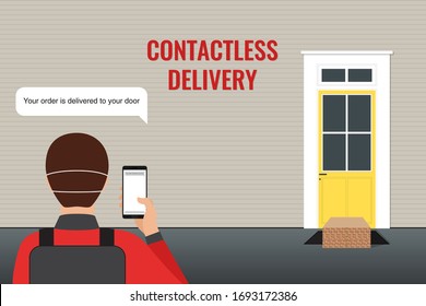 Contactless delivery, courier at a distance from the house, pizza Boxes is located next to the door to the house. The concept of the quarantine and prevention of coronavirus (COVID-19).