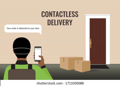 Contactless delivery, courier at distance from the house, the Boxes is located next to the door to the house. The concept of the quarantine and prevention of coronavirus (COVID-19). Flat illustration