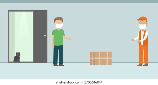 Contactless delivery. Courier in medical mask. Vector illustration.