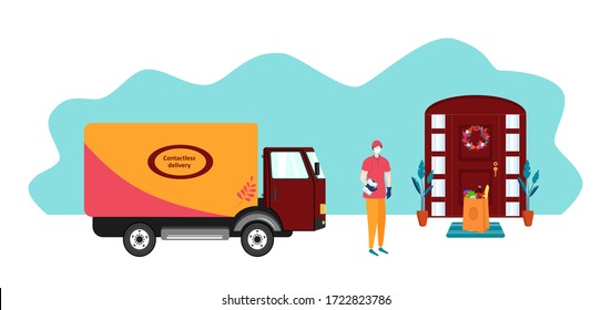 Contactless Delivery. Courier In Medical Mask And Protection Gloves Delivers Grocery Bag By Truck. COVID 19 And Epidemic Prevention Concept. On-line Shopping During Quarantine. Vector Illlustration.