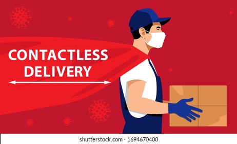 Contactless Delivery. Courier In Protective Medical Mask And Gloves Keeping Cardboard Box. Shipping In The World During The Lockdown. Concept Of Delivery, Parcel, Postal Service, Online Purchase.