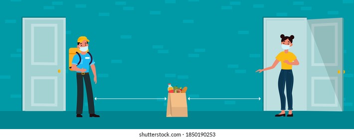 Contactless delivery. Courier and woman in medical masks with grocery products bag near the door, express shipping food, shopping service during covid-19 pandemic, cartoon flat vector illustration