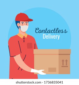 contactless delivery, courier worker using face mask vector illustration design