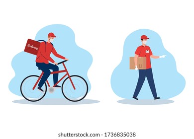 contactless delivery, courier workers using face mask in bike vector illustration design