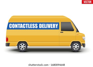 Contactless delivery curier transport. Yellow van with Contactless delivery tag. Vector illustration Isolated on white background.