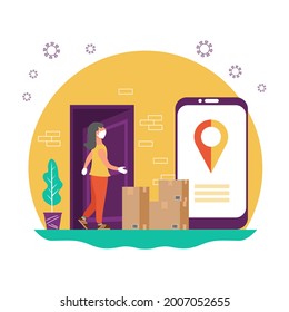 Contactless delivery to the door. Safe delivery during the coronavirus pandemic. Woman wearing a mask and gloves. The icon on yellow background.
