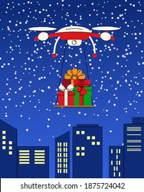 Contactless delivery. The drone carries gifts through the air against the background of the sky. Festive concept. Online delivery. Vector illustration