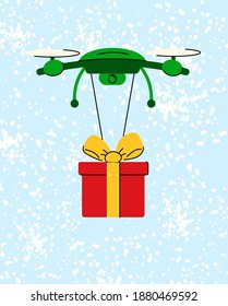 Contactless delivery. The drone carries gifts through the air against the background of the sky. Festive concept. Online delivery. Vector illustration