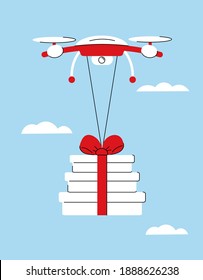 Contactless delivery. The drone carries gifts through the air against the background of the sky. Festive concept. Online delivery. Vector illustration