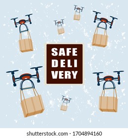 Contactless delivery drones. Contact free delivery icon. The drone delivers the package. Stay home concept. Coronavirus protection. Hands free delivery. Stock vector illustration, isolated.