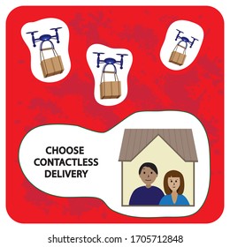 Contactless delivery drones. Contact free delivery icon. The drone delivers the package. Stay home concept. Coronavirus protection. Stock vector illustration, isolated.