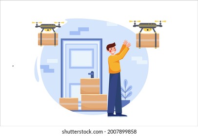 Contactless delivery drones. Contact-free delivery icon. The drone delivers the package. Stay home concept. Coronavirus protection. Stock vector illustration, isolated.