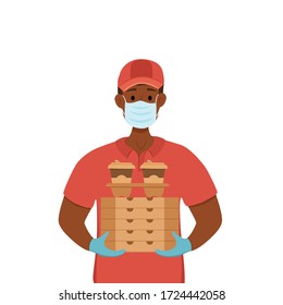 Contactless delivery during the prevention of coronavirus vector concept. Courier guy in a medical mask and gloves holding box cartoon illustration. Covid -2019. Non-contact safe service quarantine .