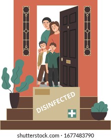 Contactless delivery during quarantine. Prevention of coronavirus, covid-19. A box of disinfected goods at the customer's door. A happy family opens the door.
