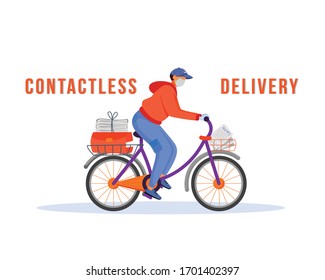 Contactless delivery flat color vector faceless character. Guy shipping goods and food. Safe shipment Deliveryman in mask on bike isolated cartoon illustration for web graphic design and animation