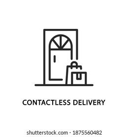 Contactless delivery flat line icon. Vector illustration of package and box standing at the door