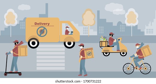 Contactless Delivery of food concept. Coronavirus, covid-19. Delivery man, courier by all means of transport set, on foot, by bicycle, by moped, by scooter , by minibus