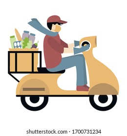 Contactless Delivery of food concept. Coronavirus, covid-19. Delivery man, courier on a moped  wearing a medical mask carries a delivery
