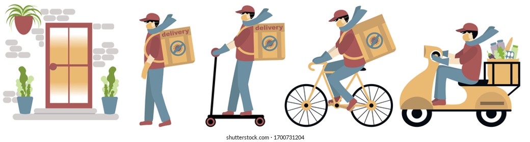 Contactless Delivery of food concept set. Coronavirus, covid-19. Delivery man, courier by all means of transport set, on foot, by bicycle, by moped, by scooter 