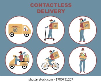 Contactless Delivery of food concept set, signs. Coronavirus, covid-19. Delivery man, courier by all means of transport set, on foot, by bicycle, by moped, by scooter , by minibus