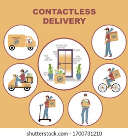 Contactless Delivery of food concept set, signs. Coronavirus, covid-19. Delivery man, courier by all means of transport set, on foot, by bicycle, by moped, by scooter , by minibus