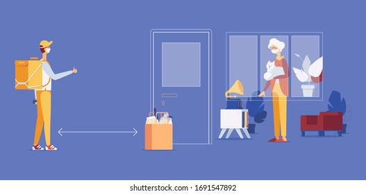 Contactless delivery of food for old woman or pensioner. Concept scene with distance to courier about safety while coronavirus covid-19 pandemic