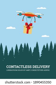 Contactless delivery of gifts by air using drones. Flight over the forest. Concept for design and advertising. Vector.