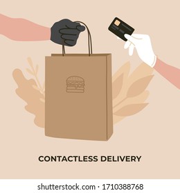 Contactless Delivery, Gloved Hand Of A Courier With Package, Female Hand In Glove With Card. Stay Safe Quarantine Time. Vector Illustration. 