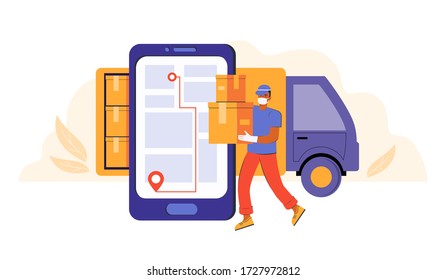 Contactless delivery of goods and parcels. Courier in masked and gloved delivers orders and packages to their destination. Service app on smartphone. Employee of the transport company near the truck