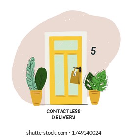 Contactless Delivery hand drawn illustration. Cartoon house entrance with potted plants and paper bag on door handle. Flat style image of order shipment for online sale, courier service, web store