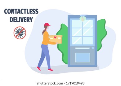 Contactless delivery to home. Courier carrying a box vector illustration. Safe way to buy food and goods online without a contact during coronavirus epidemic and quarantine. 