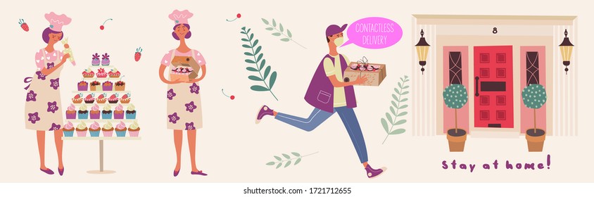 Contactless delivery of homemade cakes. Vector illustration.