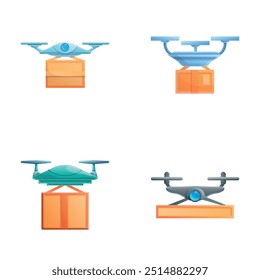 Ícones de entrega sem contato definir vetor de desenho animado. Enviando caixa de encomendas com drone. Logístico com drone quadcóptero