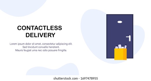 Contactless Delivery. Landing Page Template Of Delivery Service, Courier Service, Goods Shipping, Food Online Ordering In Flat Vector.Package Is Next To The Door To The House In Flat Style